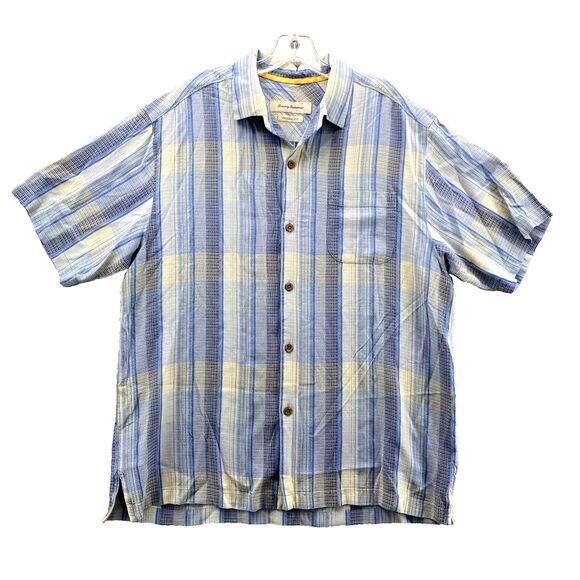 Tommy Bahama Large Blue Plaid 100% Silk Hawaiian Short Sleeve Button Down‎ Men's - Picture 1 of 9